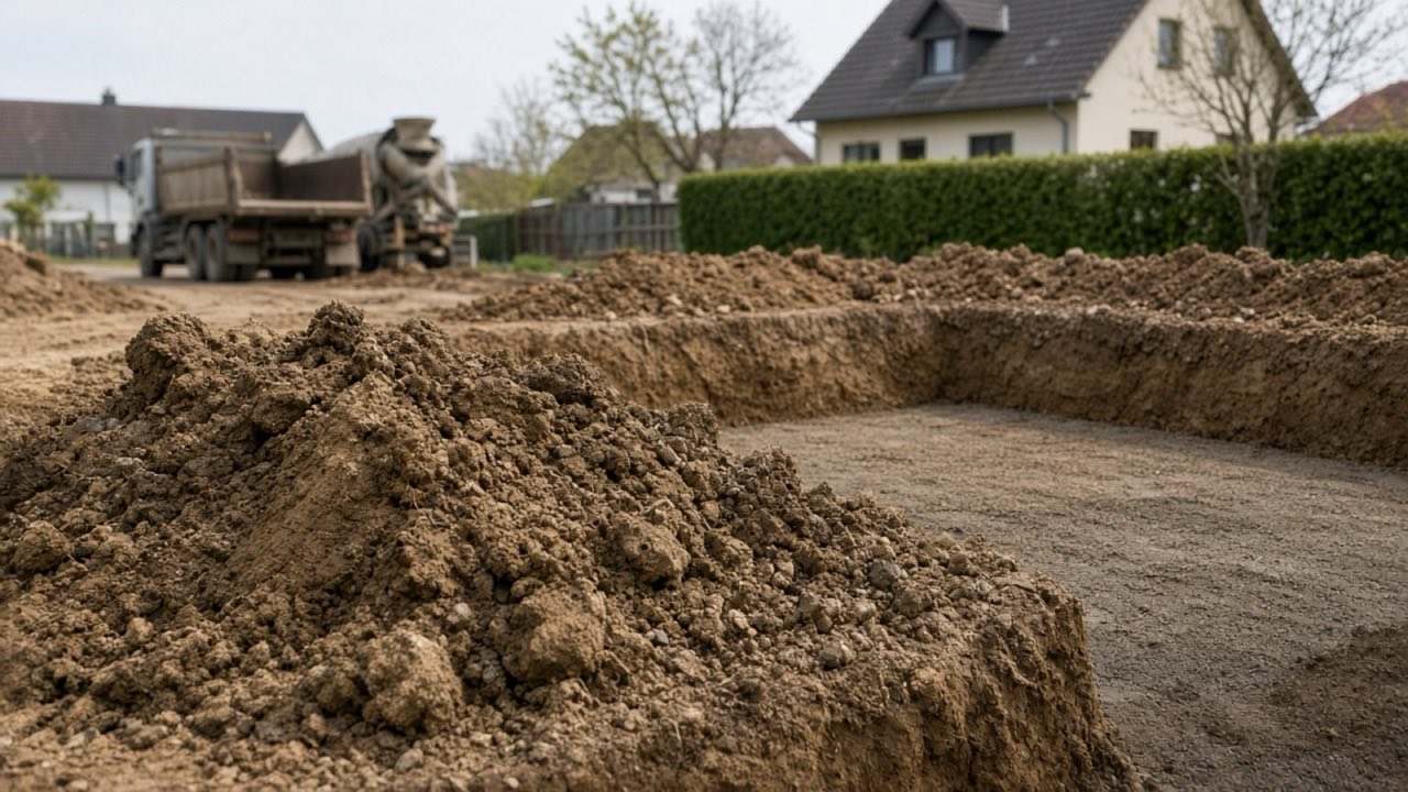 Illustratives Motiv: Aushubgrube und Erdaushub auf einer Baustelle