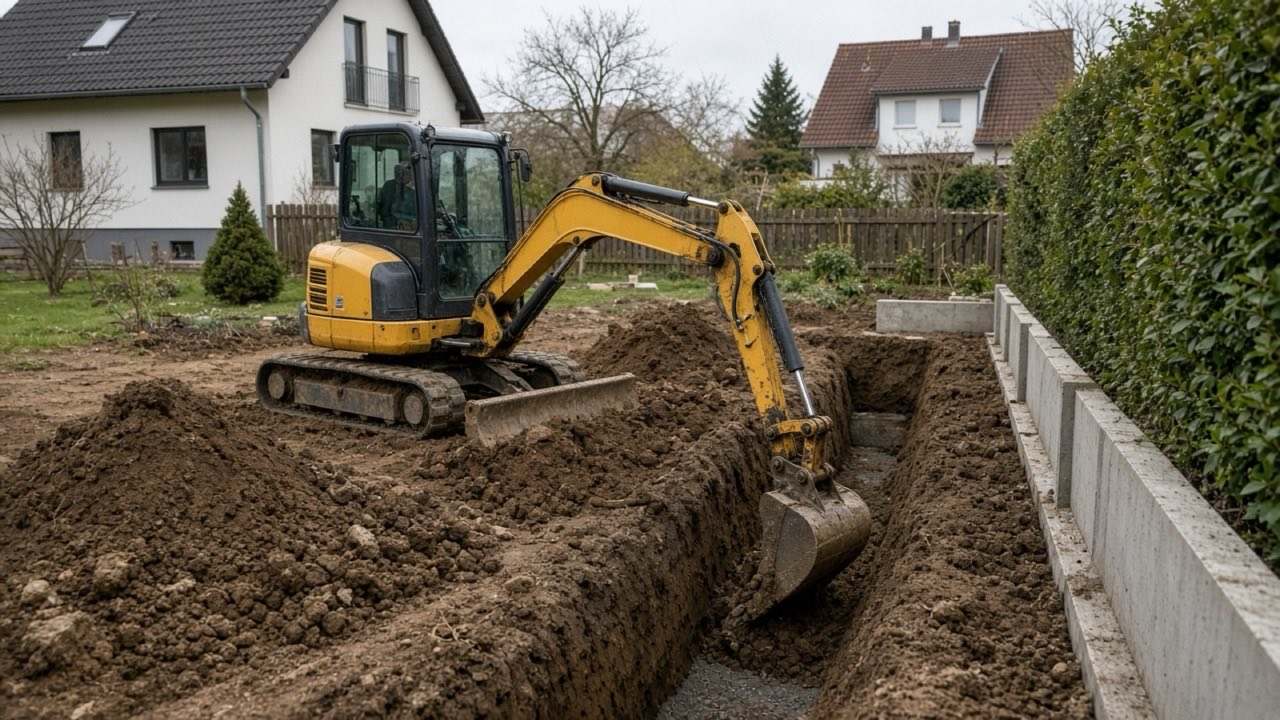 Illustratives Motiv: Bagger bei Erdarbeiten auf einem Grundstück