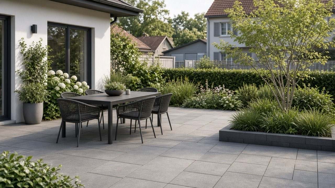 Illustratives Motiv: gepflasterte Gartenterrasse als Sitzbereich