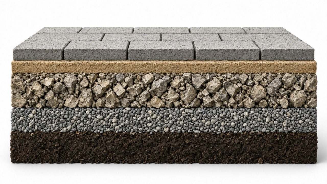 Illustratives Motiv: Schichtaufbau und verdichteter Unterbau für Pflaster