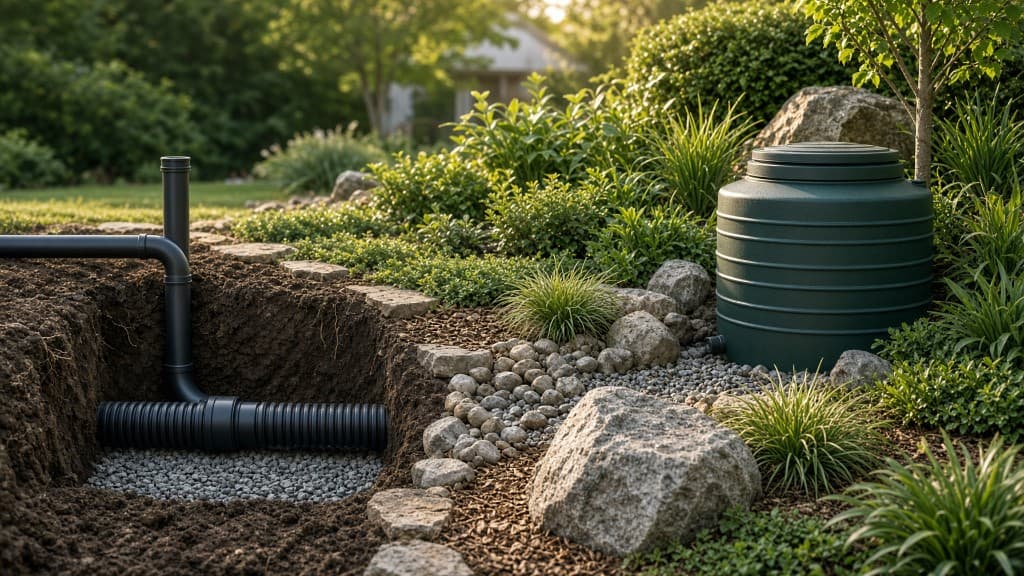 Offener Graben mit Rohrleitung und Regenwassertank im Garten